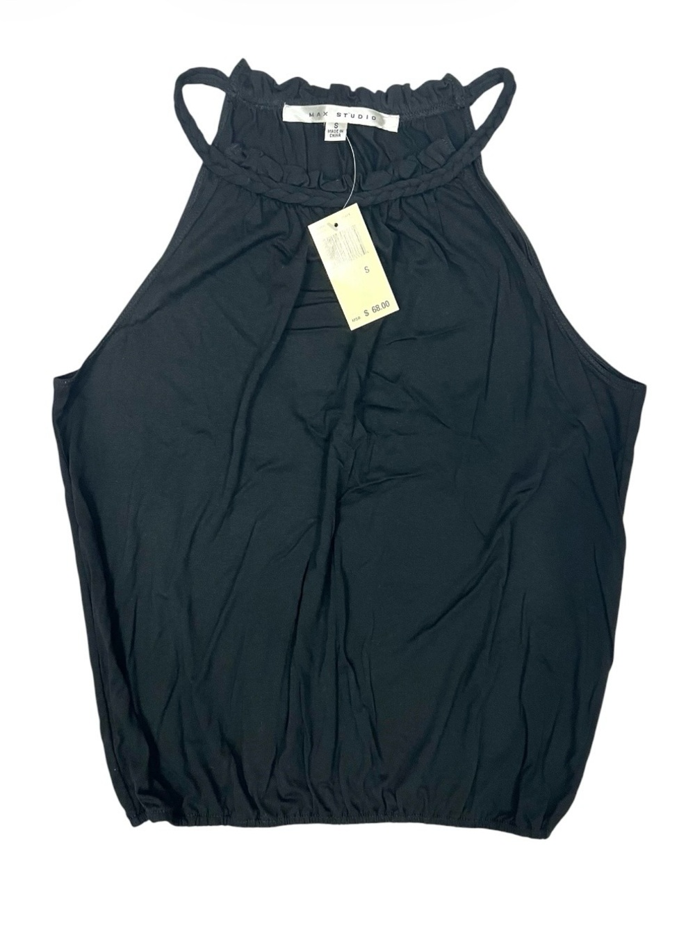 Max Studio Vintage Y2K Boho Braided Ruffle Neck Halter Blouson Tank Top
